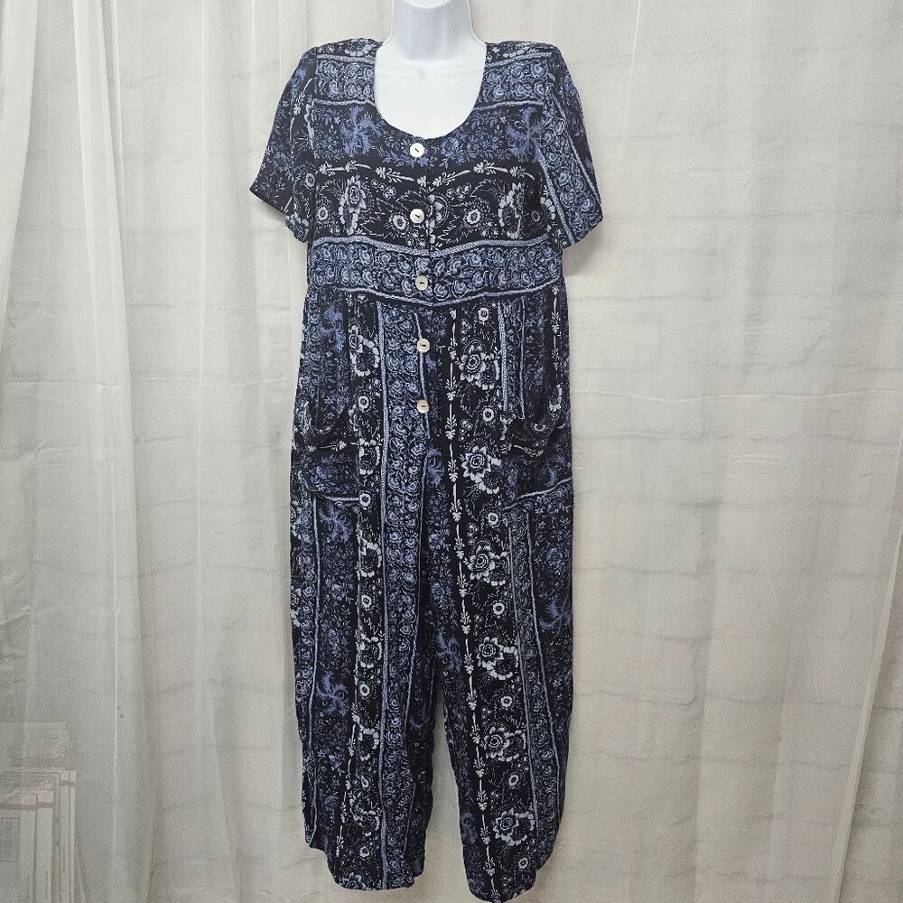 Women's Navy Blue Patterned Short-Sleeve Jumpsuit